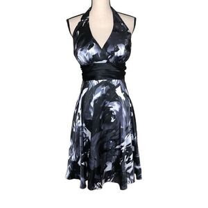 Betsy & Adam Gray and Black Satin Floral Halter Dress